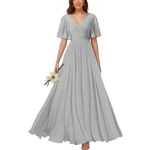 KURFACE Bruidsmeisjesjurken met V-hals en mouwen voor dames, geplooid, chiffon, bruidsmeisje, vloerlengte, formele feestjurk, Zilver, 40
