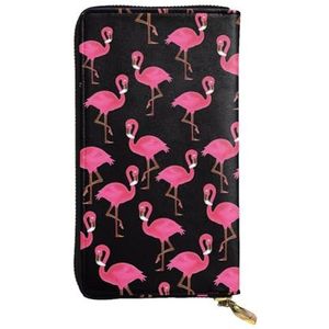 Mooie Roze Flamingo's Unisex Lederen Rits Portemonnee Cosmetische Tas voor Party Reizen Vakantie Geschenken, Zwart, Eén maat