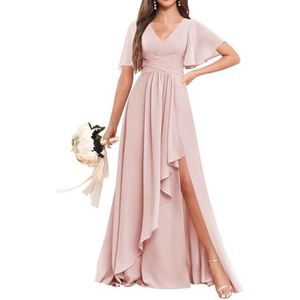 Chiffon bruidsmeisjesjurken voor dames, voor bruiloft, ruches avondgalajurken, cocktailjurken, grote maten, Blush Roze, 32