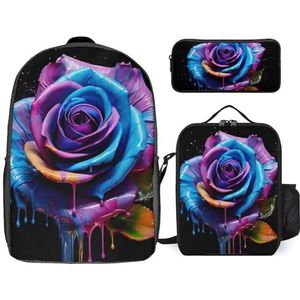 Kleurrijke Rose 3 STKS Laptop Rugzak Set 17 Inch Lichtgewicht Dagrugzak met Lunch Box Potlood Case voor Reizen Werk