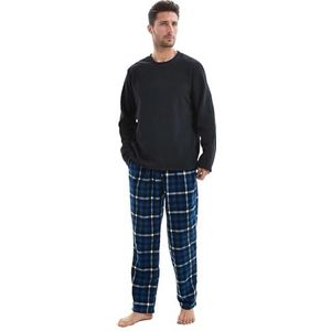 SaneShoppe Thermo-fleece pyjamaset voor heren, set van 1, 2 stuks, luxe loungewear met lange mouwen, geruit, comfortabele nachtkleding, 2 zakken, geweldig cadeau voor mannen, marineblauw, XL