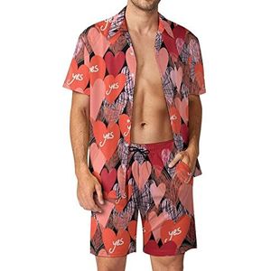 Heldere rode harten Hawaiiaanse bijpassende set voor heren, 2-delige outfits, overhemden en shorts met knopen voor strandvakantie