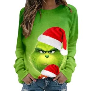 LSEEKA Grinch kersttrui voor dames, sweatshirt, licht, katoen, tops, shirt met lange mouwen, met print, moderne vrouwen, zonder capuchon, Kerstmis, bovenstuk, Z04 legergroen, XL