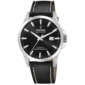 Festina Horloge voor heren F20025/4 Swiss Made Silver RVS Case Black Leather Band, zwart, Riemen.