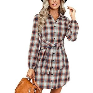 Jurk met Lange Mouwen, Comfortabele, Ademende Geruite Jurk voor Dames Om Te Winkelen (M)