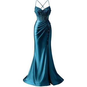 Satijnen Galajurken voor Vrouwen Zeemeermin Formele Avondbaljurken met spleet Ceremonie Jurken Plus Size, Turkoois, 32