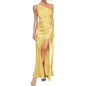 WSEYU Satijnen bruidsmeisjesjurk voor bruiloft met split avondgalajurken ruches cocktailjurk grote maten, Geel, 32