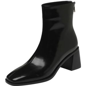 CHICMARK Dameslaarzen met vierkante teenpartij van rundleer met dikke hakken en ritssluitingen achter voor de winter, zwart, 37 EU