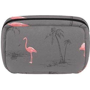 Houtskool & Roze Flamingo Cosmetische Rits Pouch Make-up Tas Reizen Waterdichte Toilettassen voor Vrouwen, Meerkleurig, 17.5x7x10.5cm/6.9x4.1x2.8in