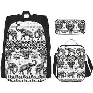 SUHNGE Lente Bamboe Print Rugzak Meisjes Jongens Schooltassen Tiener Lunch Box en Potlood Case 3 in 1 Boekentassen Set, Boheems olifant patroon, Eén maat