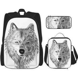 YsoLda Rugzakset, schooltas boekentas rugzak 3-delige set met lunchtas etui, grijze wolf, zoals afgebeeld, Eén maat