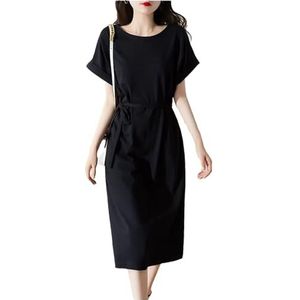 Dames kantoor basic effen trekkoord A-lijn midi-jurk dames zomer casual ronde hals korte mouwen jurken, Zwart, XL