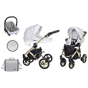 KUNERT Kinderwagen MILA PREMIUM CLASSIC sportwagen babywagen autostoel babyzitje complete set kinderwagen set 3 in 1 (grijze tak, framekleur: goud, 3-in-1)