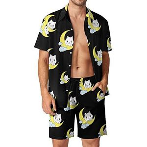 Leuke kat op de maan Hawaiiaanse bijpassende set voor heren, 2-delige outfits, button-down shirts en shorts voor strandvakantie