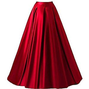 Xiongfeng�® Dames plooirok lange A-lijn satijn maxi vintage rok hoge taille met zakken, rood, XL