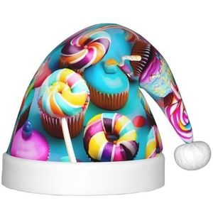 EdWal Kleurrijke Sweet Lolly Cupcake Donut print Pluche Kerstman Hoed voor Kinderen, Xmas Vakantie Hoeden voor Jongens Meisjes, Kinderen Kerst Feestbenodigdheden