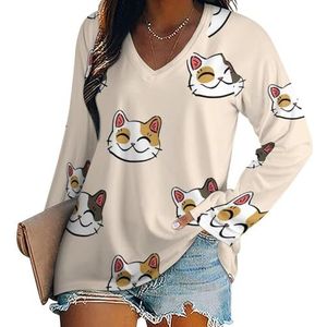 Lucky Cat patroon dames casual T-shirts met lange mouwen V-hals bedrukte grafische blouses T-shirt tops L