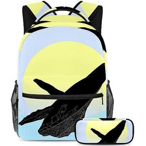 Zwarte walvis rugzak met etui, 2 stuks Kid Schooltas Set voor Jongens Meisjes Tieners, Travel Book Bag voor Studenten, Meerkleurig, B：29.4x20x40cm P：19x7.5x3.8cm, Rugzakken
