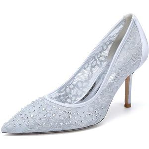 EICOFF Dames Puntige Teen Kant Bloem Bruiloft Bruids Schoenen Vrouwen Hoge Hak Stiletto Pumps Strass Slip-op Jurk Avond Feestschoenen,Zilver,35 EU