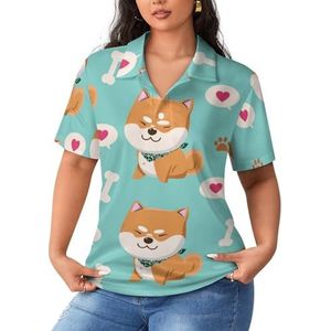 Leuke hond hart print dames korte mouw poloshirts casual kraag T-shirts golfshirts sport blouses tops 5XL