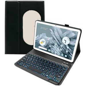 Toetsenbordhoes Voor Google Pixel Tablet 11"" 2023, 7-Kleuren Achtergrondverlichting, Afneembaar Draadloos Toetsenbord Met Penhouder, PU-Leren Hoes,zwart