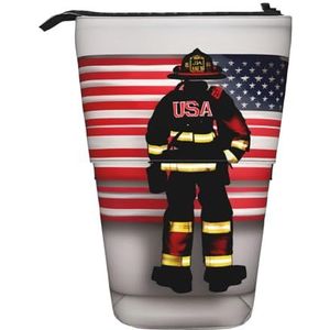 Nbtghga Rode Streep Brandweerman VS Vlag Print Potlood Telescopische Klassieke Kunsten Stand Up Potlood Case Organizer Potlood Houder Make-up Tas Gift, Zwart, Eén maat