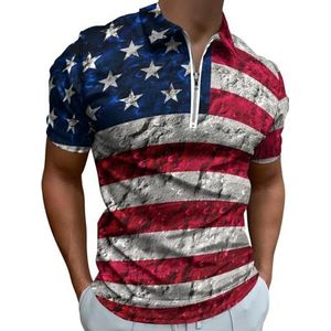 Retro USA Grunge Textuur Vlag Half Zip-up Polo Shirts Voor Mannen Slim Fit Korte Mouw T-shirt Sneldrogende Golf Tops Tees M