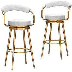 FZDZ Draaibare barkrukken set van 2 met rug metalen hoge kruk hoge stoel voor binnen buiten pub keuken, hoogte 75 cm, fluwelen zitting, metalen frame (kleur: wit, maat: gouden poten)
