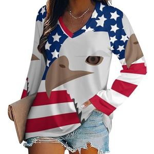 Eagle on The American Flag Casual T-shirts met lange mouwen voor dames V-hals bedrukte grafische blouses T-shirt tops S