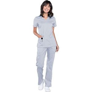 Cherokee Scrub Set Voor Vrouwen Moderne Klassieke Fit 3 Zakken V-hals Top WW620 met 5 Zakken Matige Flare Been Pant WW120, Grijs-XXS Top/XXS Petite Broek