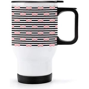 Roze Bogen Zwart Wit Streep Reizen Koffie Mok Met Handvat Geïsoleerde Rvs Tumbler Met Deksel Auto Drink Cup 15oz