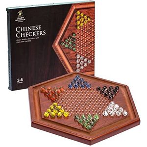 Yellow Mountain Imports Houten Chinees Damspel Halma Bordspelset - 34,5 centimeters - met 60 gekleurde glazen knikkers met bloembladmotief (16 millimeter)