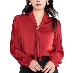 ROUZIHU Lint Chiffon Shirt Lente Commuter V-hals Los Shirt Lange Mouw Dames Shirt(Rosso,XXL)
