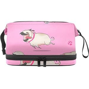 Grote capaciteit reizen cosmetische tas,make-up tas,Waterdichte make-up tas organizer, spelen mopshond grappig roze, Meerkleurig, 27x15x14 cm/10.6x5.9x5.5 in
