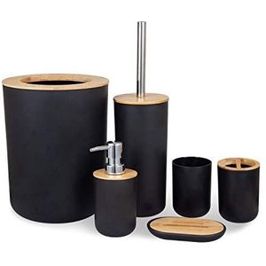MisFox 6 stuks bamboe badkamer accessoire set, stijlvolle eco-vriendelijke bad accessoires inclusief zeepdispenser, prullenbak (4L), tandenborstelhouder, tandbeker, toiletborstel en zeepbakje - zwart