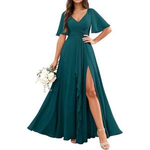 KURFACE Chiffon bruidsmeisjesjurken met mouwen split ruches lange bruidsmeisje formele avondjurk, Turkoois, 56 NL/Plus