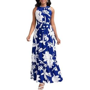 Zomer Sexy Bloemenprint Maxi-jurk Voor Dames Ronde Hals Mouwloos Hoge Taille Flowy Grote Swing Feestvakantie Jurk (Color : Blue, Size : XXL)
