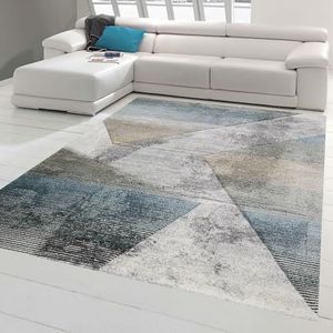 Hedendaagse tapijt woonkamer abstract patroon gestreept meerkleurig grijs blauw goud - onderhoudsvriendelijk afmeting 200 x 290 cm