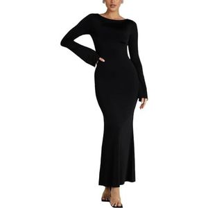 BKEPDY Maxi-jurk voor dames, lange mouwen, sexy lounge, partyjurk, cocktailjurk, bodycon, elegante wikkeljurk, lounge, feestelijke vintage jurk, lange slipjurk, avondjurk, baljurk, zwart, M