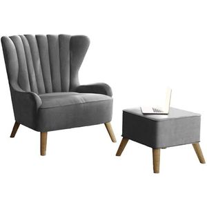 GREKPOL Schelpstoel, parels, moderne stoel voor woonkamer, Scandinavische stijl, oorstoel, gevoerde stoel met schelp-rugleuning, armleunstoel met houten poten, monoliet 84 grijs