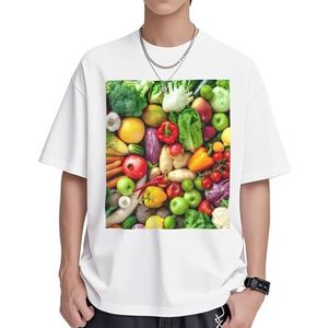 Verse groenten en fruit print dames katoenen T-shirts casual korte mouw tuniek tops ronde hals zomer basic losse pasvorm T-shirt, Wit, S