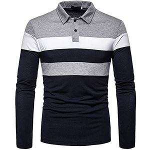 Poloshirt met lange mouwen voor heren, gestreept T-shirt, contrasterende kleur, knoopsluiting, golf, rugby, herenmode, poloshirts, shirts, patchwork, lange mouwen, poloshirts, katoenen T-shirt, C-Blauw, L