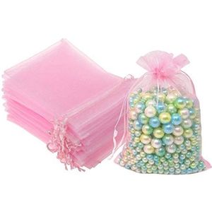 100 Stks 5x7 inch Gift Wrap Zakken Roze Organza Sheer Doorzichtige Stof Trekkoord Satijn Lint Zakken voor Baby Douche Gunsten Party Bruiloft Gunsten Decoratie Kaart Deck Sieraden Jongens