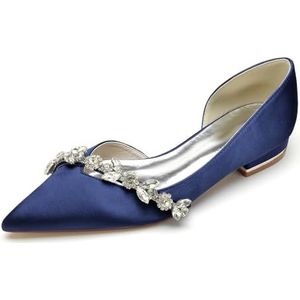 EICOFF Bridal Dames Trouwschoenen Gesloten Teen Lage Hakken Satijnen Bruiloft Flats met Strass Slip-op Bruids Jurk Party Schoenen,Dark blue,36 EU