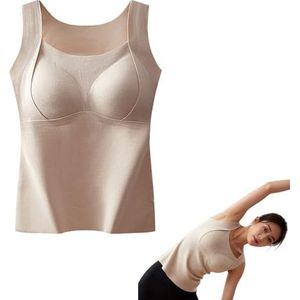 Thickened Warm Tank Top with Built-in Bra for Women, 2-in-1 Fleece Lined Thermal Camisole (Khaki,L)