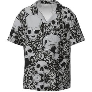 TyEdee Horrible Dark Skulls Bloemen Patroon Print Mannen Korte Mouw Jurk Shirts met Pocket Casual Button Down Shirts Business Shirt, Zwart, L