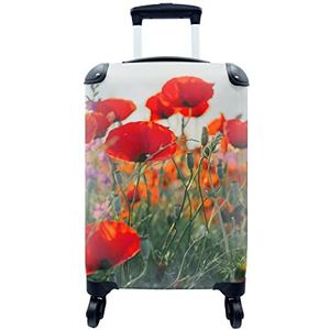 MuchoWow® Koffer - Klaproos - Bloemen - Rood - Paars - Weide - Past binnen 55x40x20 cm en 55x35x25 cm - Handbagage - Trolley - Fotokoffer - Cabin Size - Print