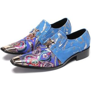 ZZveZZ Zwarte En Blauwe Bedrukte Zomer- En Herfstschoenen For Heren, Casual Banket Leren Schoenen(Blue,44 EU)