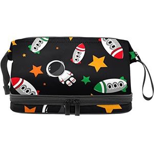 Dubbellaags cosmetische tas astronauten raketten draagbare make-up tas reizen organisator zakje voor vrouwen meisjes toiletartikelen tassen, Meerkleurig, 27x15x14 cm/10.6x5.9x5.5 in, Make-up zakje