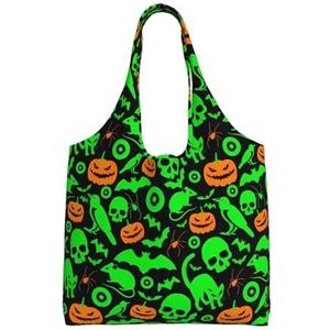 YIFEIWSHH Groene Ghost Horror Halloween Pompoen Extra Grote Capaciteit Schouder Canvas Tas Voor Winkelen Reizen Dagelijks Gebruik, Zwart, Eén maat